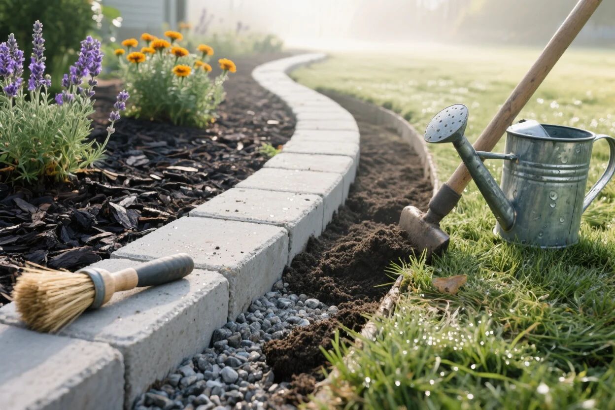 Frisch gesetzte graue Randsteine als geschwungene Beetumrandung, daneben Blumenbeet mit Lavendel und Ringelblumen, Werkzeug liegt bereit.